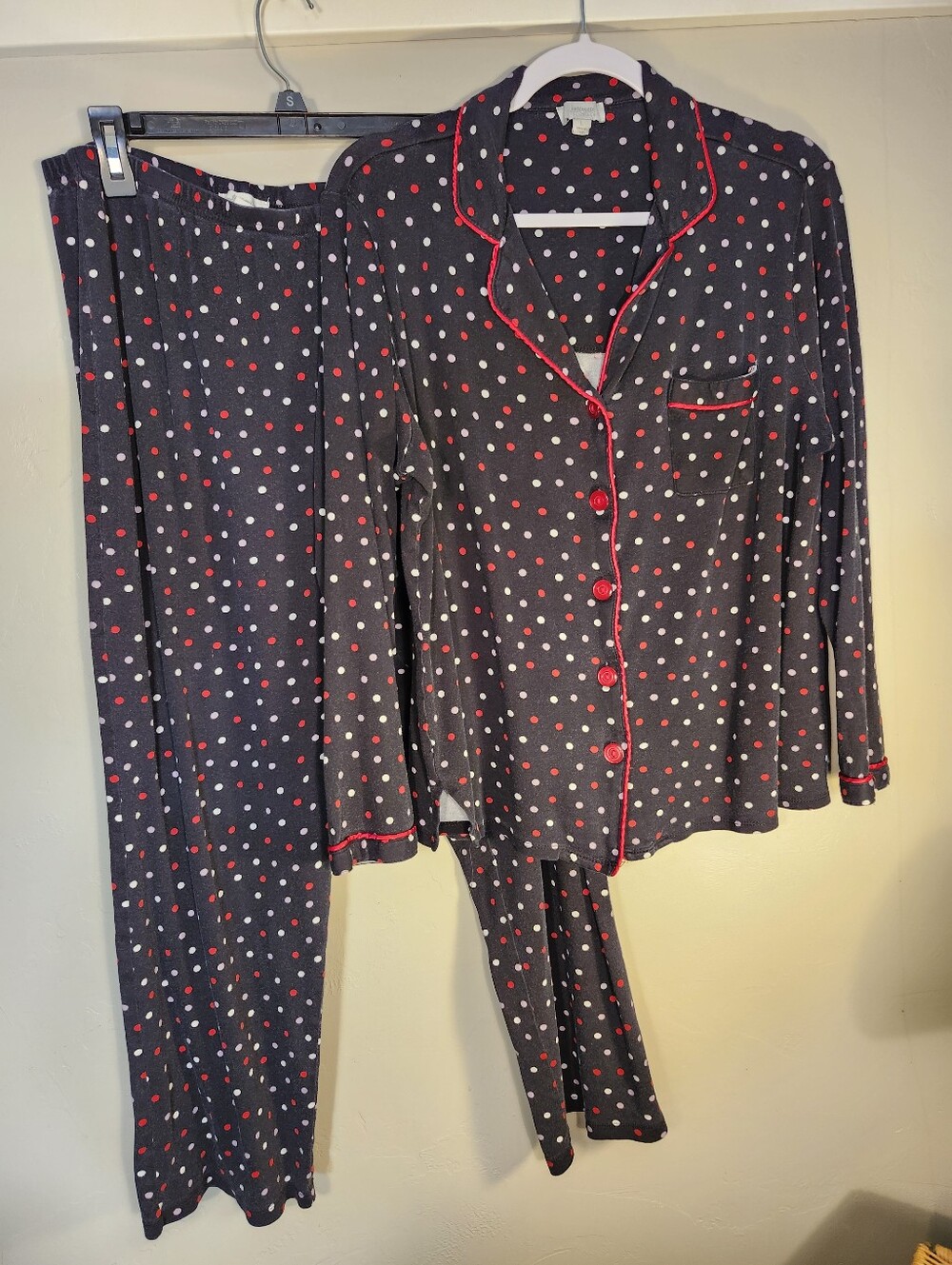 Polka Dot Button-Front Women's Pajama Set with Red Trim